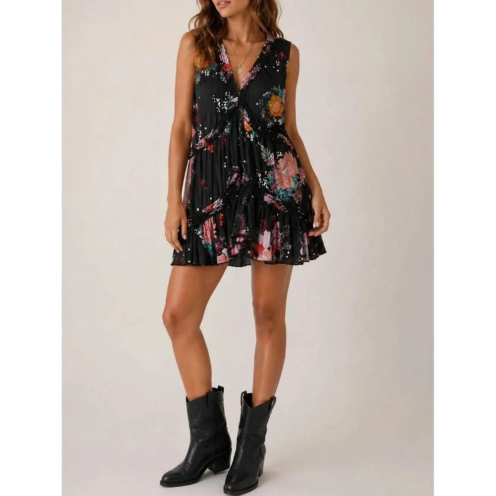Free People‎ Haze Black Floral Tunic Top XS Mini Dress Coverup Boho Country
